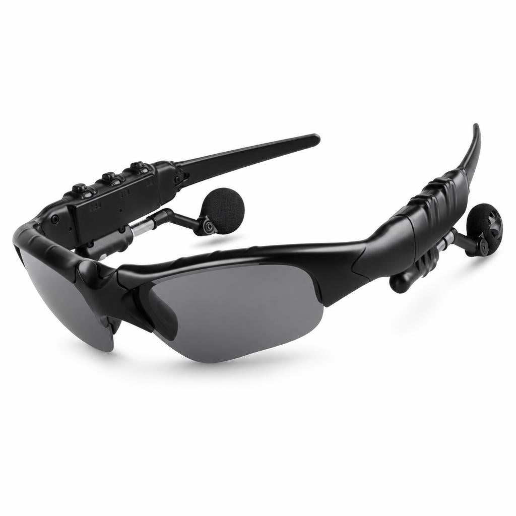 Gafas de sol Bluetooth negras, vista frontal sobre fondo blanco